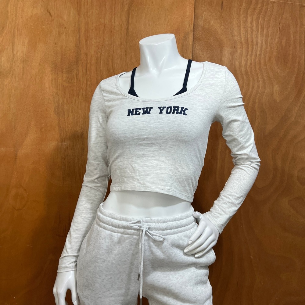 Primark Womens XS Light Gray New York Layered Look Scoop Neck Long Sleeve Top